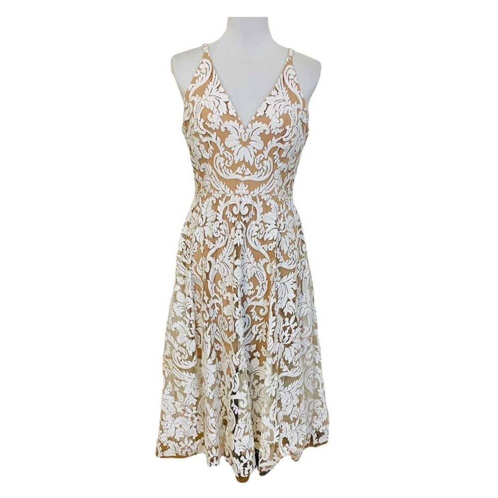 Dress The Population Blair Dress White Nude Sequin Lace Fit and Flare Dress Size - Picture 2 of 12